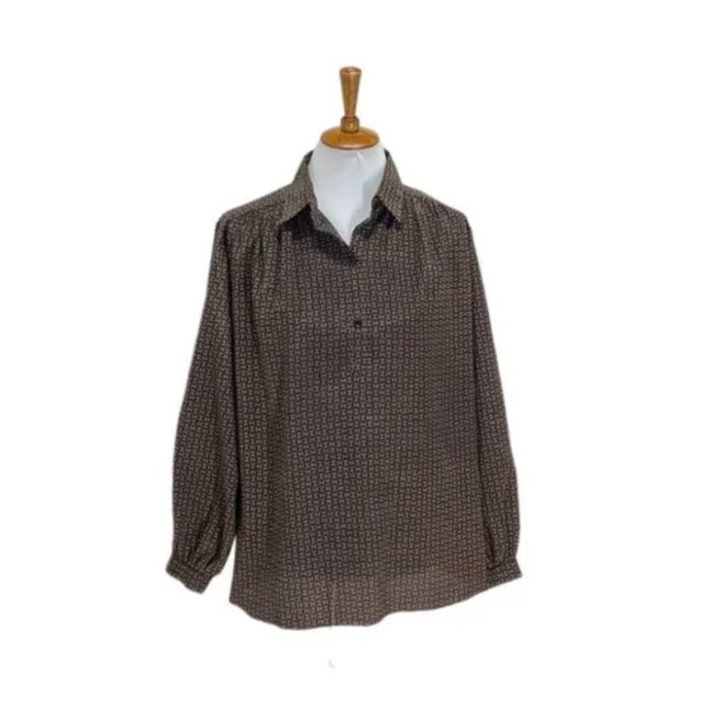 Halston III Vintage Beautiful Signature Print Blouse Sz 14 Black & Beige